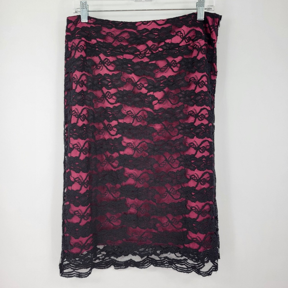 Pink Black Floral Lace Pencil Skirt Womens 12 Midi Whimsigoth Witchy  Gothic Y2K